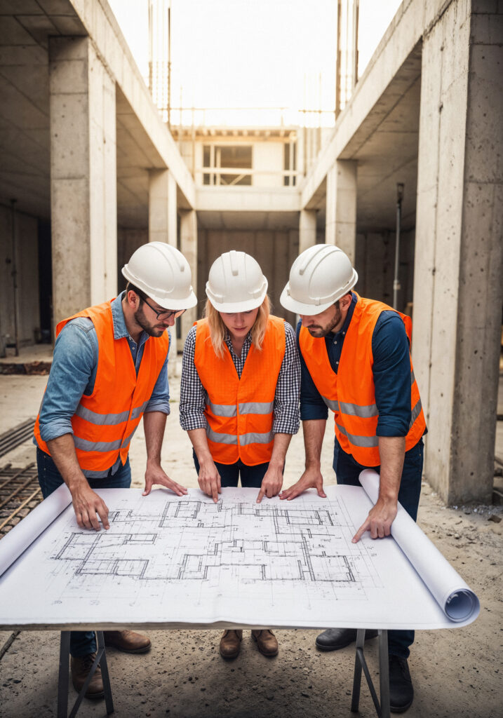 construction workers examining architectural blueprint
